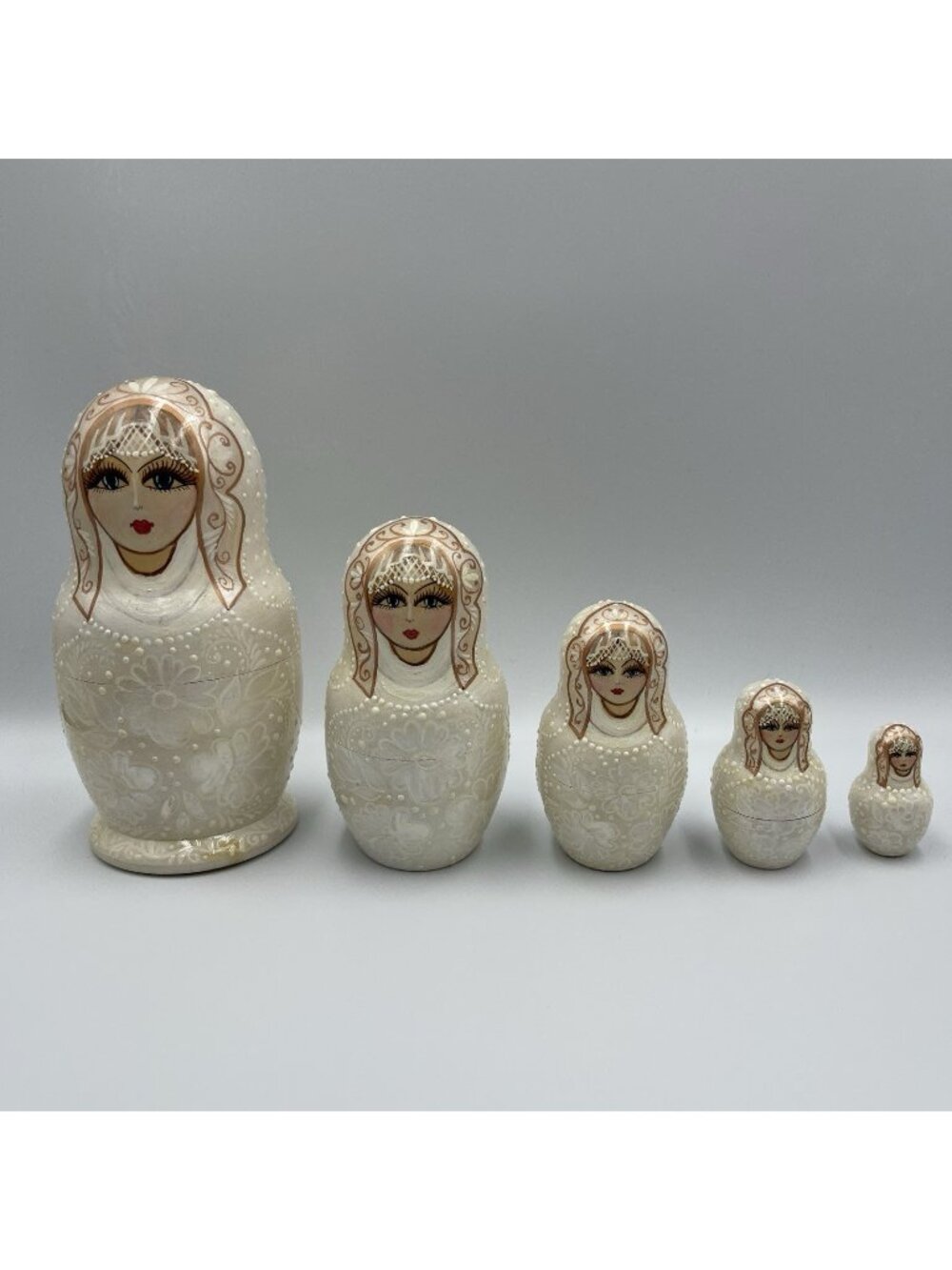 Matryoshka Russian Nesting Dolls 1999 Vintage White Wedding Themed Signed